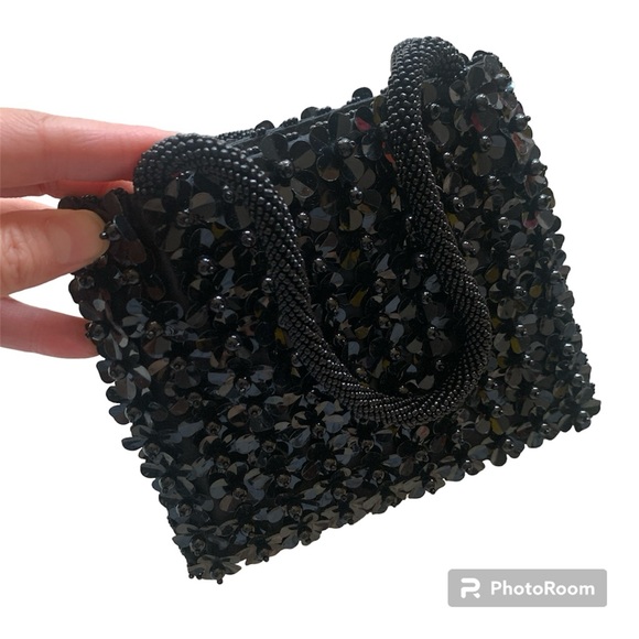 NEW RARE Vintage 90s Italian Designer Cozzi Black Beaded Mini Bag Hand Beaded - Picture 8 of 17